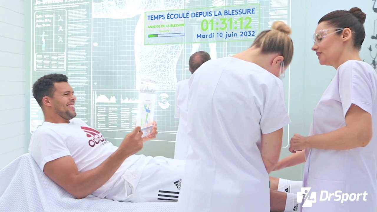 Jo Wilfried Tsonga dans la publicité DrSport changement de genou.